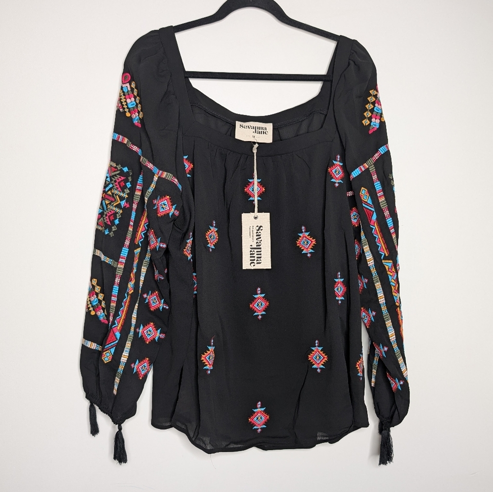 Savanna Jane Black Blouse with Colorful Embroidery - Picture 5 of 10